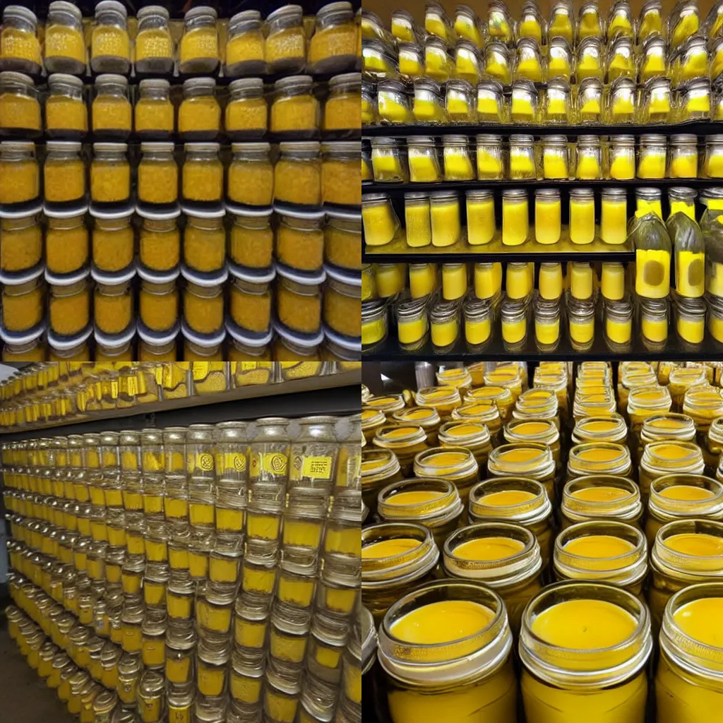 Prompt: horrifying photo of a room full of jars all filled with strange yellow liquid, evidence photo