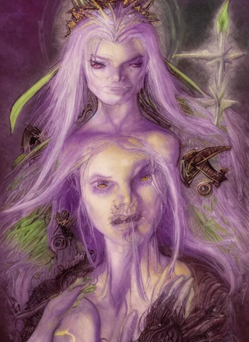 Image similar to portrait of young female sorceress of the endtimes, transluscent skin, lavender hair, beautiful! coherent! dungeons and dragons character, by brian froud, strong line, cool night color, high contrast