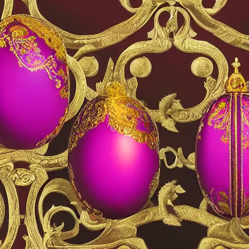 Image similar to a ornate detailed red and purple glowing egg, a faberge egg, an eggplant fruit still on the vine