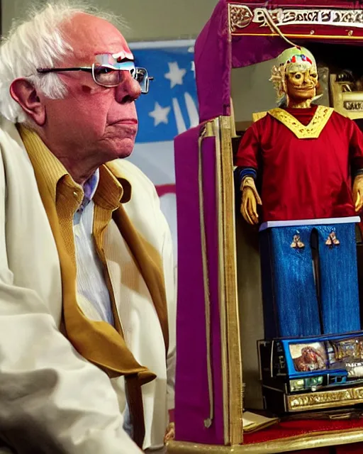 Prompt: bernie sanders as zoltar fortune teller, animatronic robot, coin - operated machine