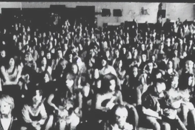 Image similar to vhs footage of a room of people staring at a live demon