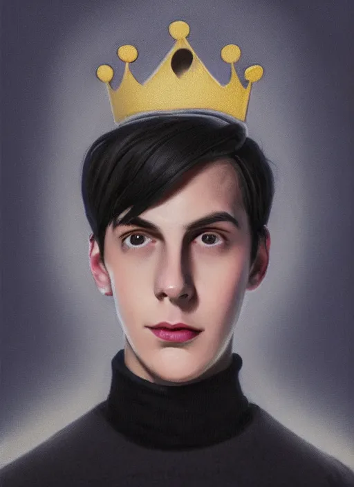 Image similar to portrait of teenage jughead jones wearing a light grey crown, crown, blue turtleneck, 1 9 5 0 s, closed eyes, photorealistic, black hair, glowing lighting, intricate, elegant, glowing lights, highly detailed, digital painting, artstation, concept art, smooth, sharp focus, illustration, art by wlop, mars ravelo and greg rutkowski