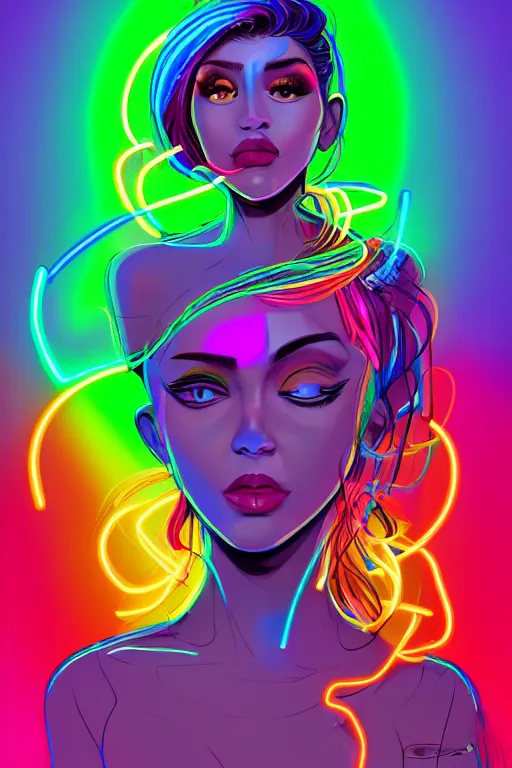 Image similar to a award winning portrait of a beautiful woman with stunning eyes in a one off shoulder crop top and cargo pants with rainbow colored hair, outlined by whirling illuminated neon lines and fine lines swirling in circles by greg tocchini, digital art, trending on artstation