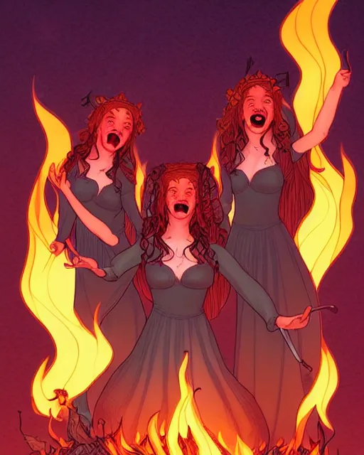 Image similar to fantasy comic cover art of a ( ( trio of witches ) ) laughing and dancing around a bonfire, detailed faces, illustration by jenny frison and sana takeda, intricate details, stunning inking lines, stunning gradient colors, 4 k, hd, artstation, award winning