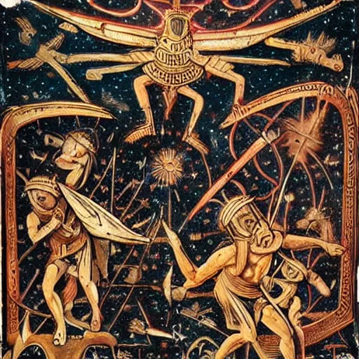 Image similar to celestial war, aliens, invasion, greek art style