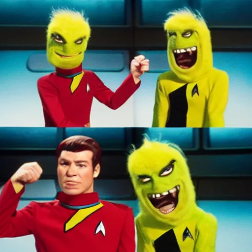 Image similar to star trek banana monsters punching red suit captain duel