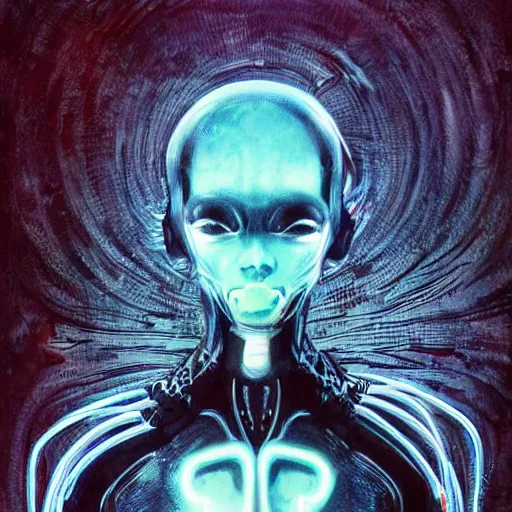 Image similar to humanoid black rabbit cyborg with outstretched head read the news, cartoon soft fluorescent fluffy eyes, translucent neon skin, mix styles of tsutomu nihei, video game art, battle scene, zdzisław beksinski and giger, in full growth, no blur