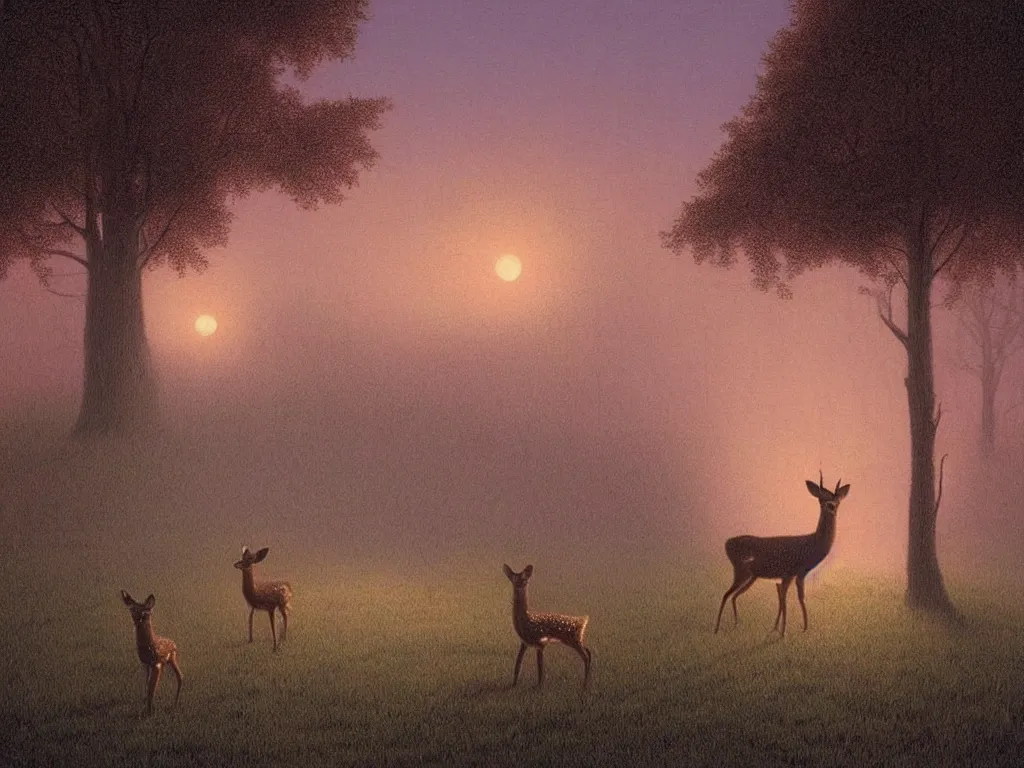 Image similar to young deer on a lawn of a suburban house, at eerie dusk, soft pink surreal light, by quint buchholz and by dean ellis