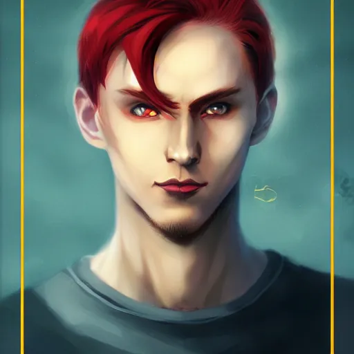 Image similar to headshot portrait of male anime character extremely sharp jaws slit yellow eyes medium length red hair inspired by tom hiddleston by anato finnstark, tom bagshaw, brom