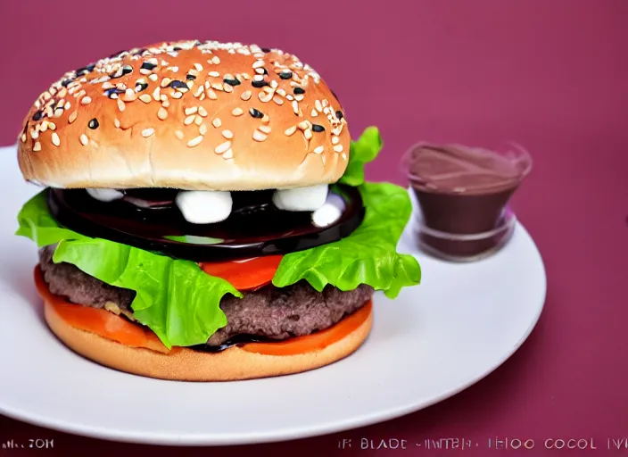 Prompt: dslr food photograph of burger with a layer of marshmallows in it, chocolate sauce, 8 5 mm f 1. 8