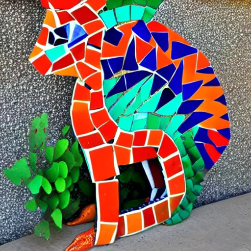 Image similar to mosaic sculpture of a alebrije chimera!!!, irregularly shaped mosaic tiles, hand glazed pottery shards, in the style of folk art, in a cottagecore flower garden