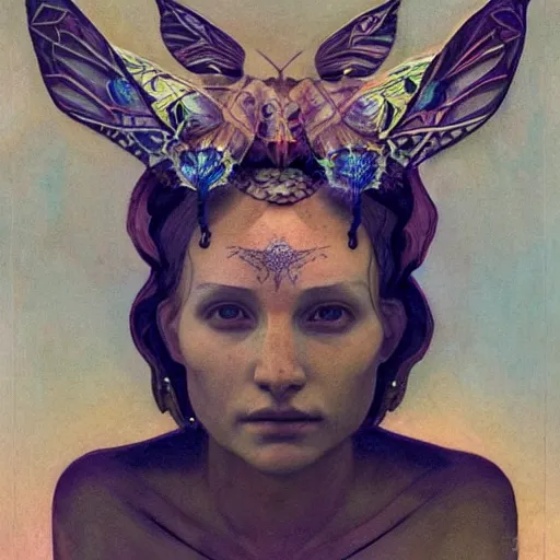 Image similar to the moth crown, by Annie Swynnerton and Nicholas Roerich, bioluminescent skin, tattoos, elaborate costume, geometric ornament, symbolist, smooth, sharp focus, extremely detailed, octane render