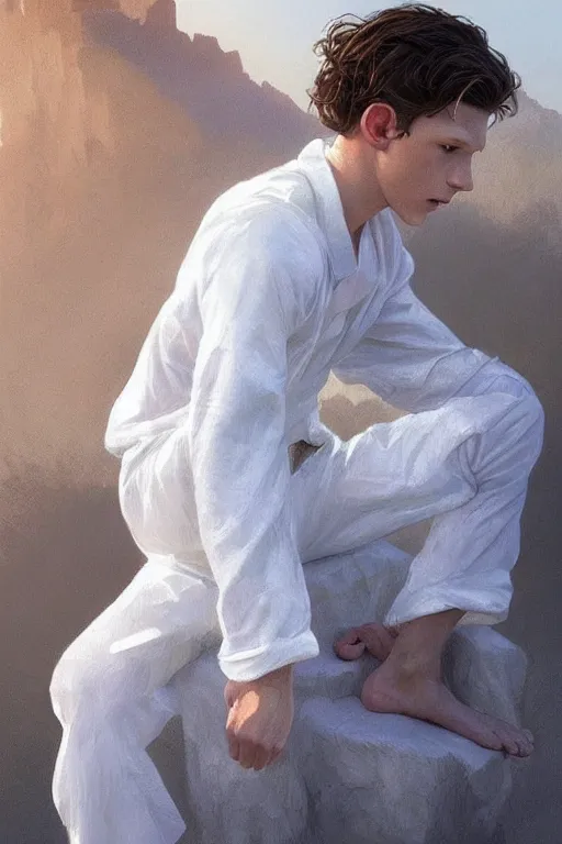 Image similar to tom holland godly white clothes meditating in the sun, blank lighting ultra realistic photorealistic highly detailed high quality, a stunningly, digital painting, artstation, concept art, smooth, sharp focus, illustration, art by artgerm and greg rutkowski and alphonse mucha 8 k