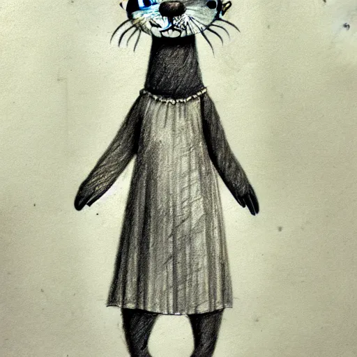 Image similar to an otter in a dress, pencil drawing