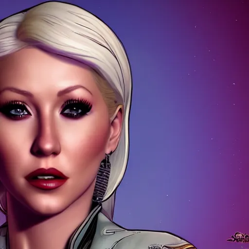 Image similar to christina aguilera portrait, borderlands, tales from the borderlands, the wolf among us, comic, cinematic lighting, studio quality, 8 k