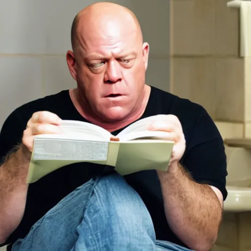 Prompt: a picture of hank schrader with a confused expression sitting on a toilet, reading a book