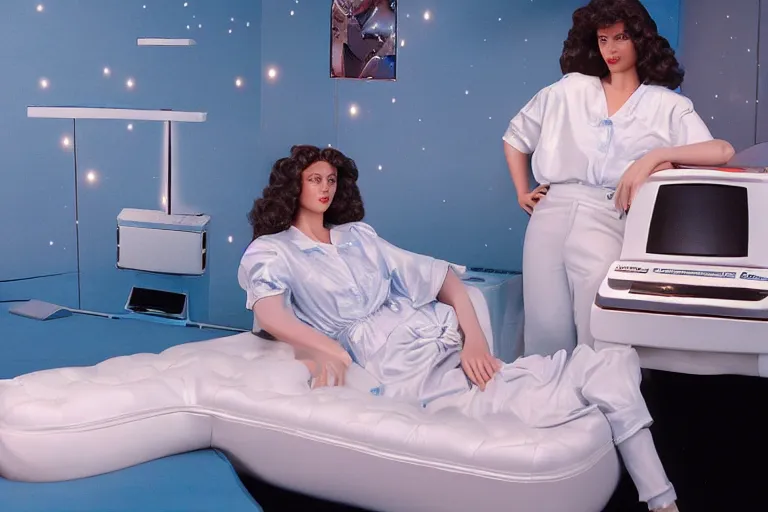 Image similar to an extremely realistic life-sized computer mainframe made of porcelain, beautiful model made of plastic sitting on a starry blue couch, from 1985, bathed in the glow of a crt television, low-light photograph, in style of Tyler Mitchell