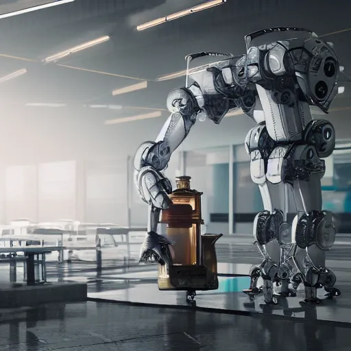 Image similar to robot forces human employee to clean up aisle, photorealistic, trending on artstation, high resolution, vray, 8 k, dramatic lighting, octane render, weta digital, micro details, 3 d sculpture, structure, ray trace