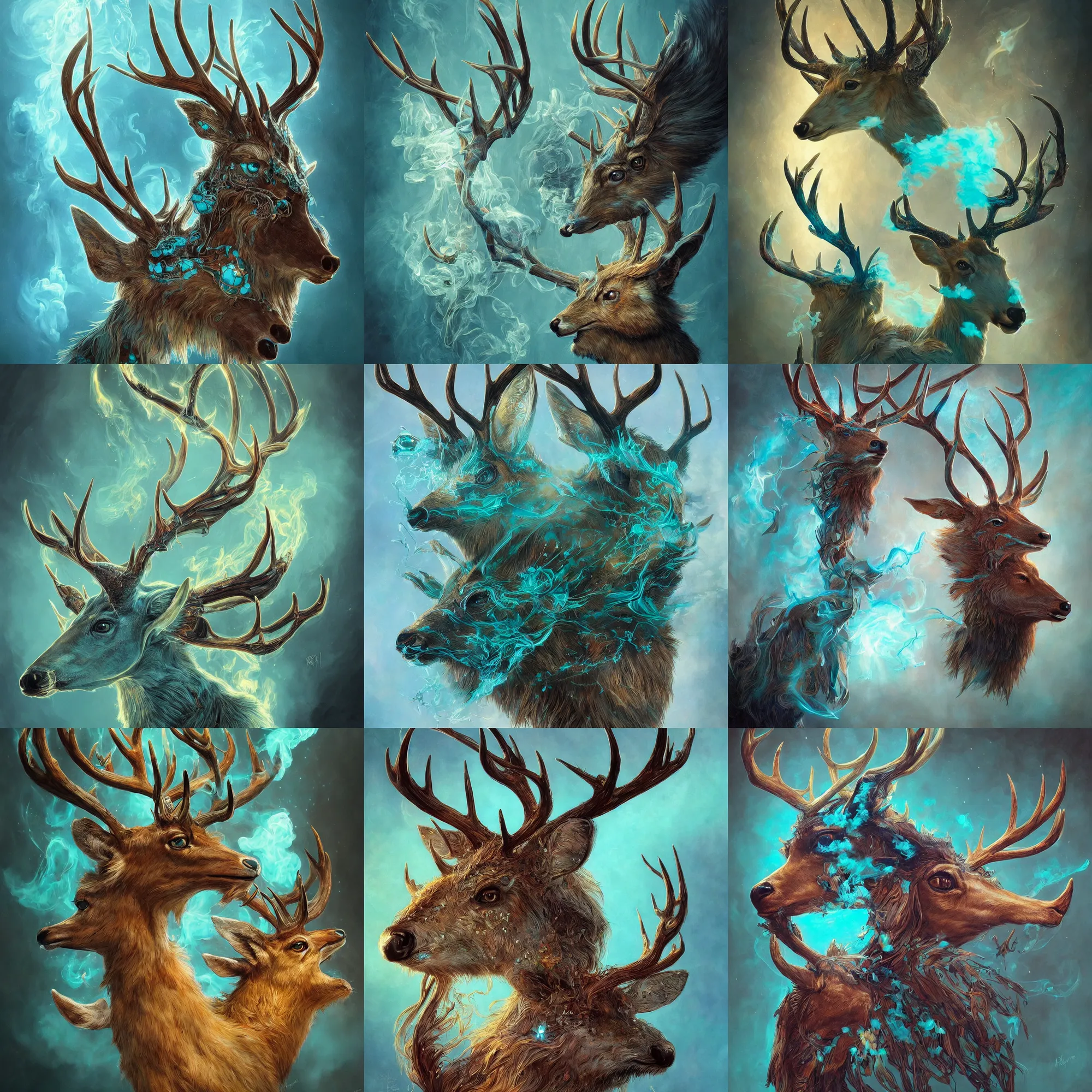 Prompt: Ultra realistic illustration, fantasy deer head made of magic and wispy smoke with turquoise glow , sci-fi, fantasy, intricate, elegant, highly detailed, digital painting, artstation, concept art, smooth, sharp focus, illustration, art by artgerm and greg rutkowski and alphonse mucha