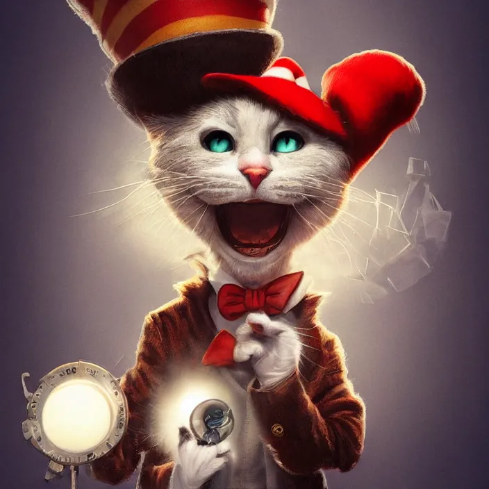 Image similar to complex 3 d render, hyper detailed, ultra sharp, cat in the hat, scary, cute, cinematic, head and shoulders, steampunk, natural soft light, rim light, octane render, artstation, art by artgerm and greg rutkowski and alberto seveso, dr seuss