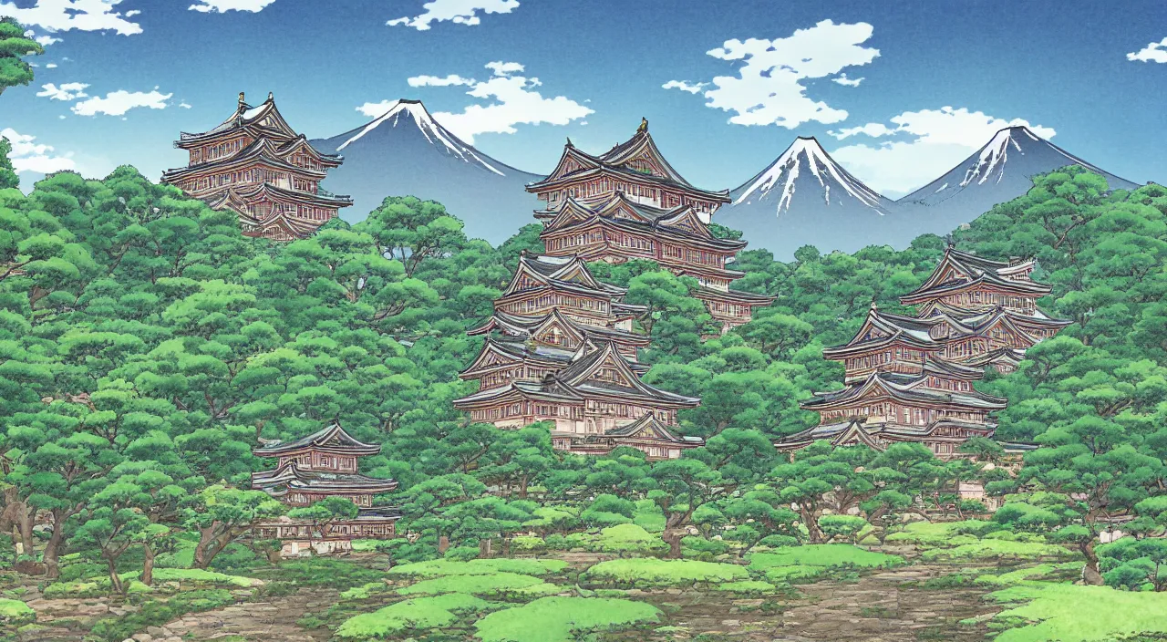 Prompt: a Japanese castle, with a garden as foreground, with mountains as background, in the style of anime, by studio Ghibli