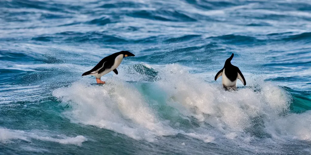 Image similar to penguin surfing a wave at the sunrise