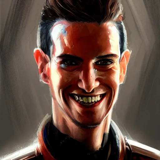 Image similar to portrait of a man by greg rutkowski, he is about 3 0 years old, mixture between german and turkish, copper quiff hair, uncanny smile, very tall and slender, he is wearing a futuristic police gear, highly detailed portrait, digital painting, artstation, concept art, smooth, sharp foccus ilustration, artstation hq
