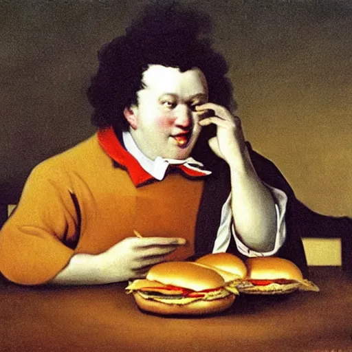 Image similar to ronald mcdonald eating a hamburger, painting by fransisco goya