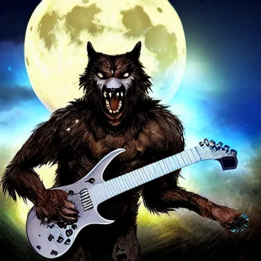 Prompt: a fearsome werewolf holding an electric guitar in the other a full moon shies behind him, dark, nighttime, gothic, cinematic scene, super detailed, hyper realistic