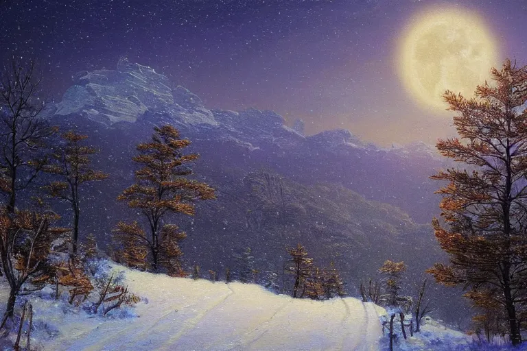 Image similar to mountains, trees, beautiful nature, winter, night, stars, moon, snow, very detailed, focused, oil painting, colorful, canvas, artstation, Sydney Mortimer Laurence, Albert Bierstadt