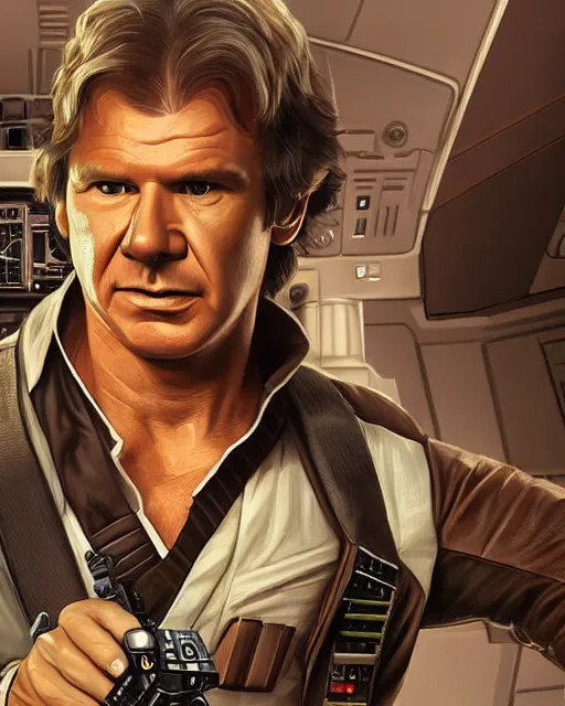 Image similar to portrait of han solo on the millennium falcon, harrison ford,, star wars, gta v, hyper realistic, ambient lighting, concept art, intricate, hyper detailed, smooth, action, volumetric lighting, george lucas, arney fretag, ralph mcquarrie, octane