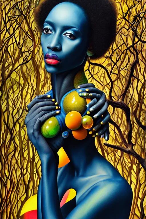 Image similar to hyperrealistic deconstructed super expressive! black woman with exoskeleton armor, merging with tree in a forest, highly detailed digital painting masterpiece smooth de lempicka hannah yata dramatic pearlescent blue yellow light ground angle hd 8k sharp focus