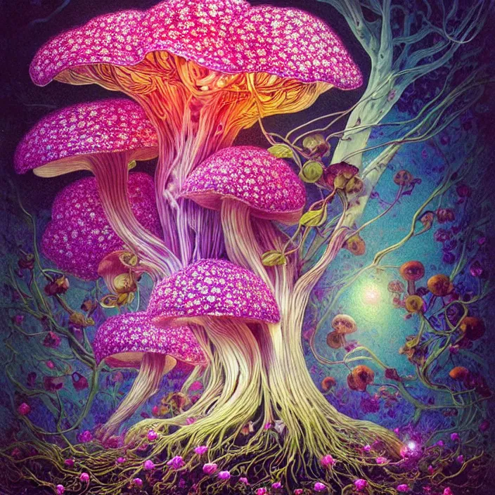 Prompt: extremely psychedelic brain system made of orchid and cherry blossom tree and mushroom, LSD brain, diffuse lighting, fantasy, intricate, elegant, highly detailed, lifelike, photorealistic, digital painting, artstation, illustration, concept art, smooth, sharp focus, art by John Collier and Albert Aublet and Krenz Cushart and Artem Demura and Alphonse Mucha