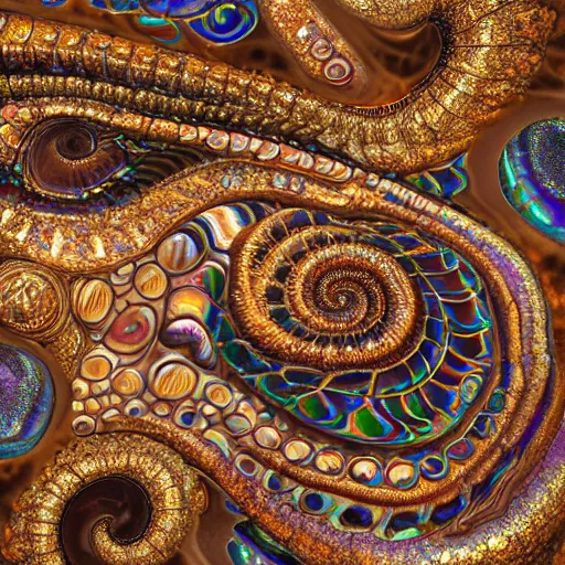 Prompt: Art Nouveau cresting oil slick waves, hyperdetailed bubbles in a shiny iridescent oil slick wave, ammolite, dinosaur bone, detailed giant opalized ammonite shell, black opal, abalone, paua shell, ornate copper patina medieval ornament, rococo, organic rippling spirals, octane render, 8k 3D, druzy geode, cresting waves and seafoam