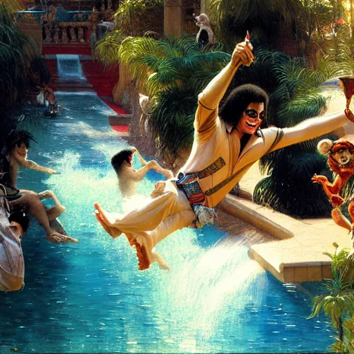 Image similar to michael jackson going down a waterslide with a monkey, highly detailed painting by gaston bussiere, j. c. leyendecker, greg rutkowski, craig mullins 8 k