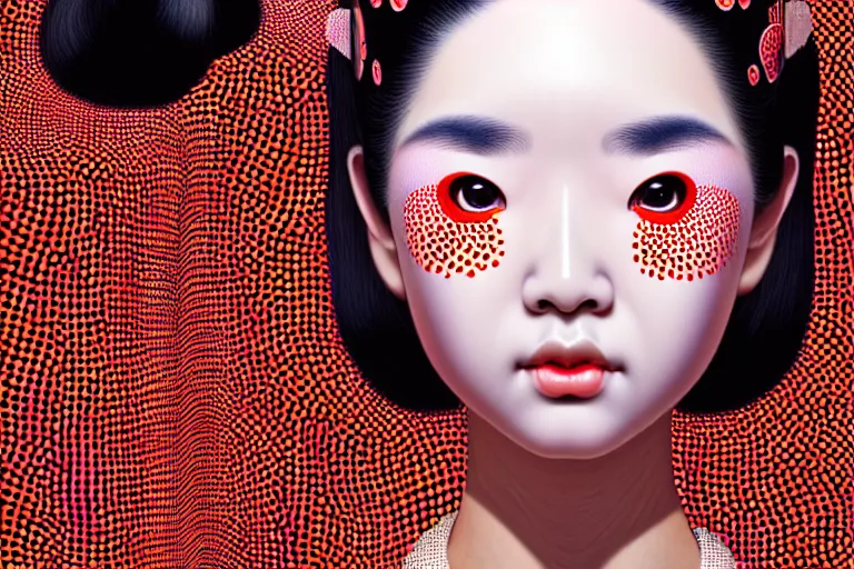 Image similar to hyperrealistic detailed portrait of a geisha, background by yayoi kusama, part by kei mieno, part by ross tran, part by james jean, ultra realistic, highly detailed, symmetrical face, detailed body, 3 d render, very cohesive, masterpiece