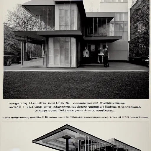 Prompt: An architecture ad for a house designed by Miles van der rohe in the middle of New York City. Film Grain