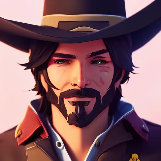 Image similar to a portrait of mccree from overwatch, closeup, art by lois van baarle and loish and ross tran and rossdraws and sam yang and samdoesarts and artgerm and saruei and disney, digital art, highly detailed, intricate, sharp focus, trending on artstation hq, deviantart, unreal engine 5, 4 k uhd image