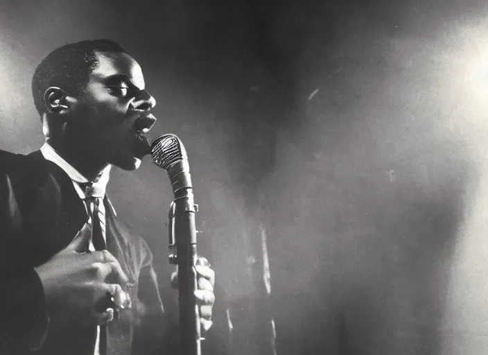 Prompt: a photograph of a black jazz singer, 1 9 3 0 s jazz club, smokey room, medium low angle, spotlight on singer