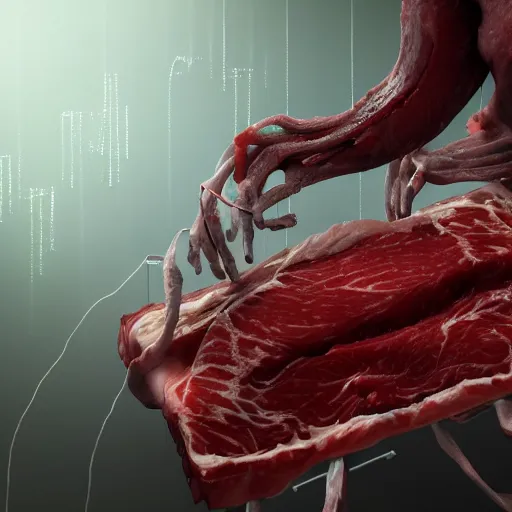 Image similar to , meat box with wires sticking out, a computer made out of flesh, computer made out of human flesh, skin on the gaming pc, personal computer horror, server, electronic, skinned alive, blood, teeth, intricate, highly detailed, digital painting, artstation, concept art, smooth, sharp focus, illustration,