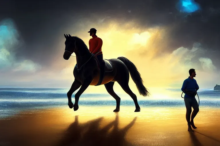 Image similar to photo of man riding a horse along the beach, glowing underwater waves toward a lighthouse in the distance guiding his way, silhouette, wide horizon, large white clouds, night, intricate, elegant, highly detailed, digital painting, artstation, concept art, smooth, sharp focus, illustration, art by artgerm and greg rutkowski and fra angelico