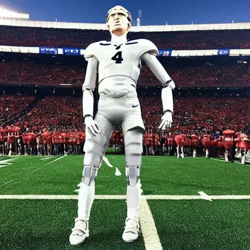 Image similar to “ a realistic detailed photo of a guy who is an attractive humanoid who is half robot and half humanoid, who is a male android, football player christian mccaffrey, shiny skin, posing like a statue, blank stare, on the field, on display ”