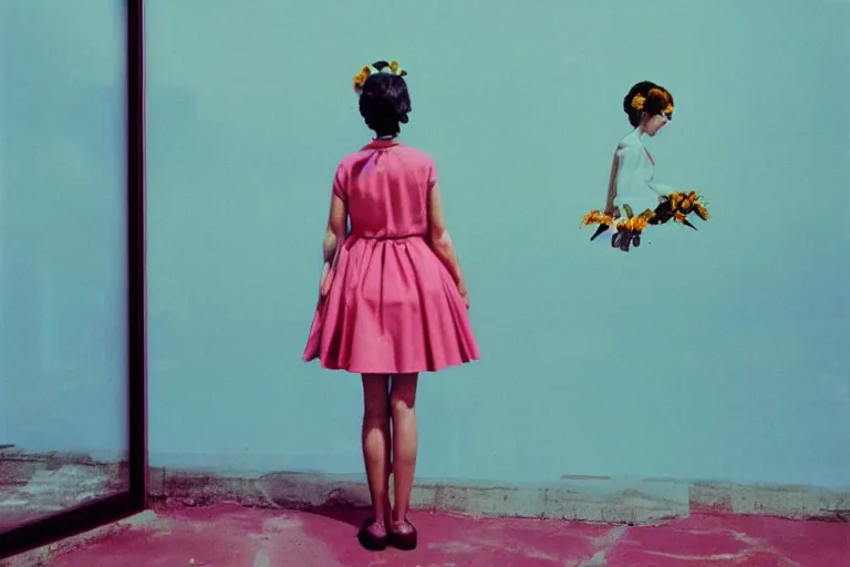 Image similar to giant flower head, girl standing, 1 9 6 0 window, surreal photography, symmetry, mid century, flat perspective, bright colours, blue sky, realistic, wes anderson