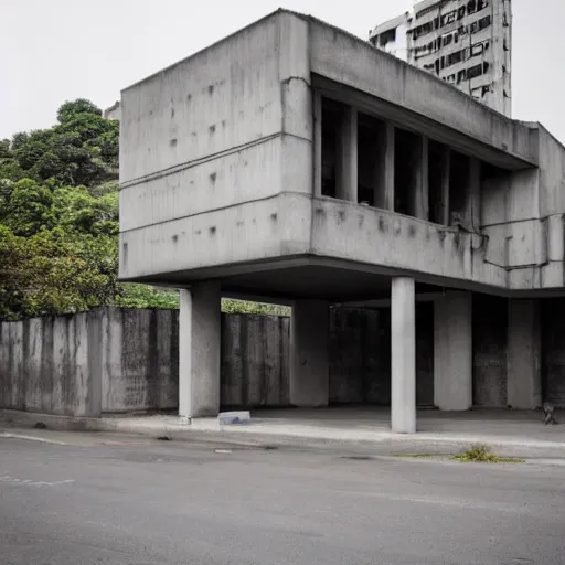 Prompt: exterior shot of a brutalist concrete house in the middle of a busy asian market