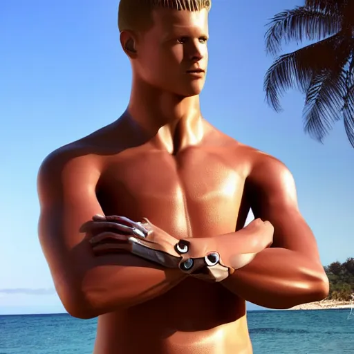 Image similar to a realistic detailed photo of a guy who is an attractive humanoid who is half robot and half humanoid, who is a male android, football player christian mccaffrey, shiny skin, posing like a statue, blank stare, by the beach, on display