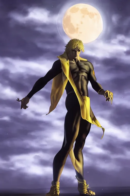 Dio Brando posing dramatically with a full moon behind, Stable Diffusion