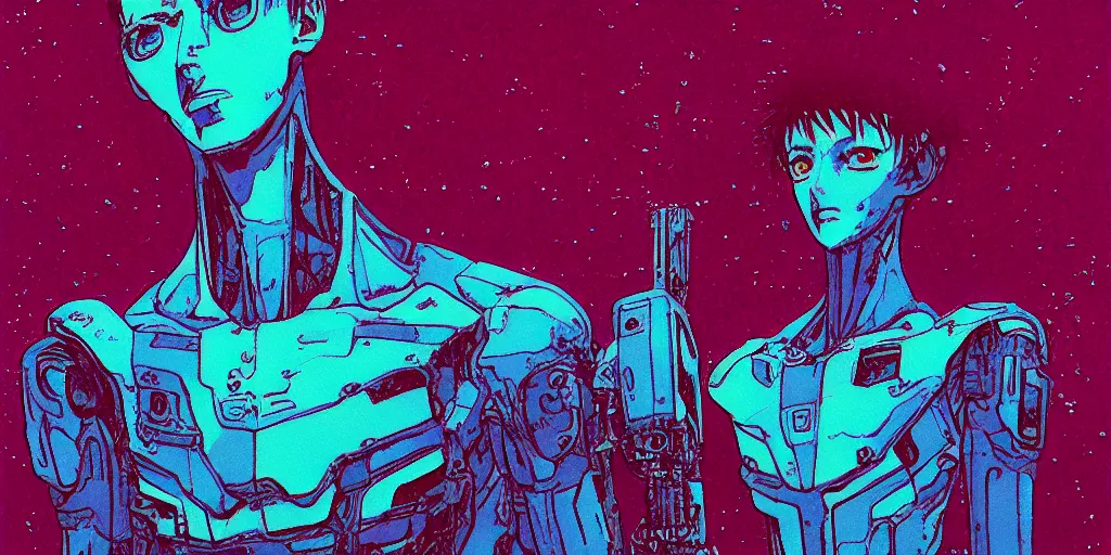 Image similar to risograph grainy painting of gigantic huge evangelion face with a lot of details - like mech covered ooze, by moebius and dirk dzimirsky, close - up wide portrait