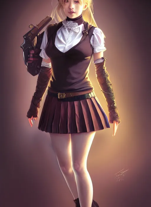 Image similar to portrait of a full body of beautiful young female detective, d & d, sleeveless turtleneck, pleated skirt, fantasy, flat lighting, intricate, highly detailed, digital painting, artstation, concept art, smooth, sharp focus, illustration, misa amane, art by simon bisley and greg rutkowski and alphonse mucha, natural tpose