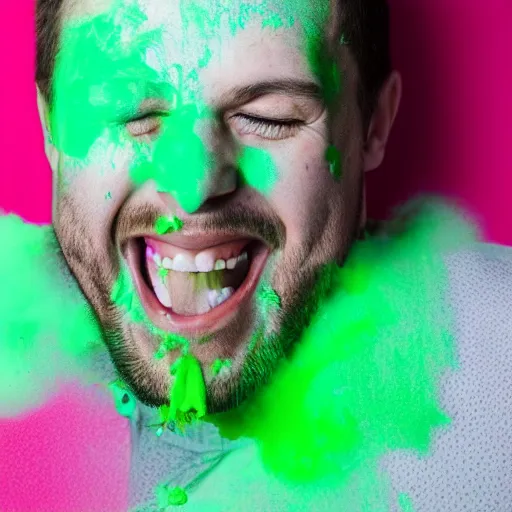 Prompt: man covered in green powder laughing hysterically, hyper detailed, award winning photograph, 8k image