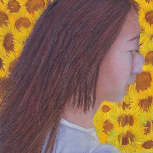 Prompt: a girl in amazing tall sunflower field, her hair flowing down, little sunflower in her hair, subtle, intricate details, real masterpiece, oil on canvas, by somsak anong